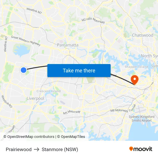 Prairiewood to Stanmore (NSW) map