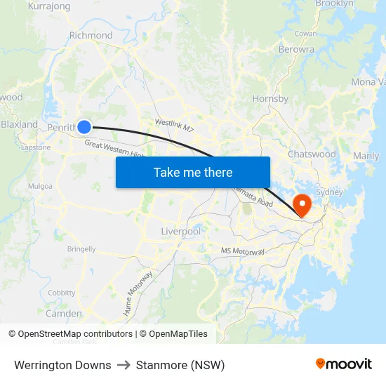 Werrington Downs to Stanmore (NSW) map