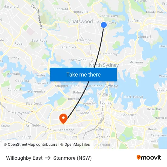 Willoughby East to Stanmore (NSW) map