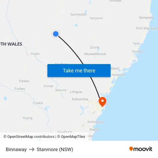 Binnaway to Stanmore (NSW) map