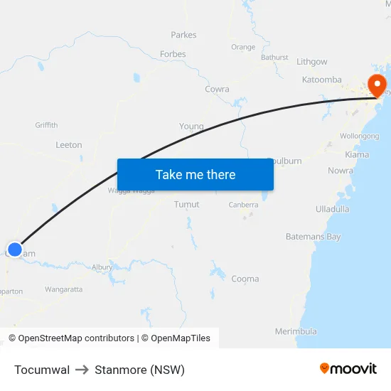Tocumwal to Stanmore (NSW) map