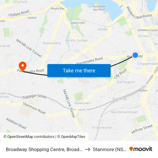 Broadway Shopping Centre, Broadway to Stanmore (NSW) map