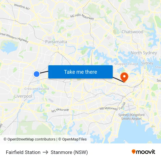 Fairfield Station to Stanmore (NSW) map