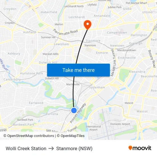 Wolli Creek Station to Stanmore (NSW) map