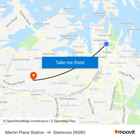 Martin Place Station to Stanmore (NSW) map