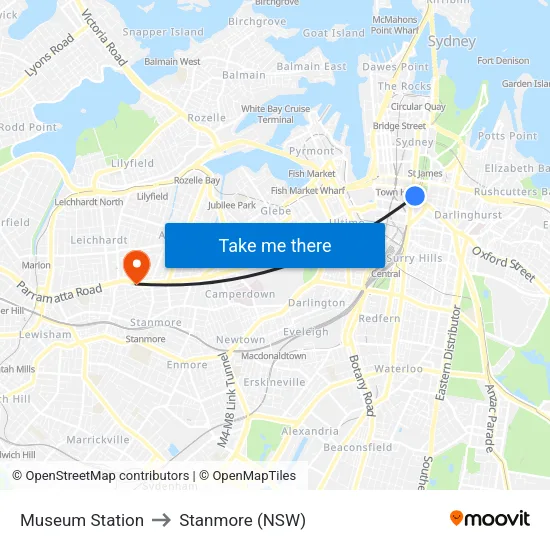 Museum Station to Stanmore (NSW) map