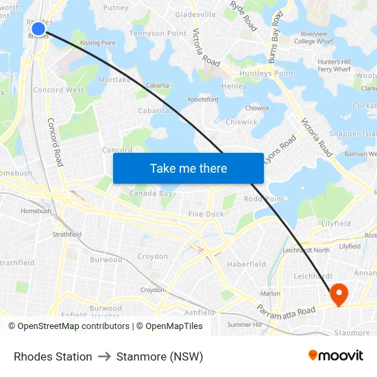 Rhodes Station to Stanmore (NSW) map