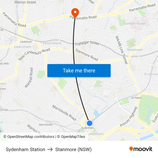 Sydenham Station to Stanmore (NSW) map