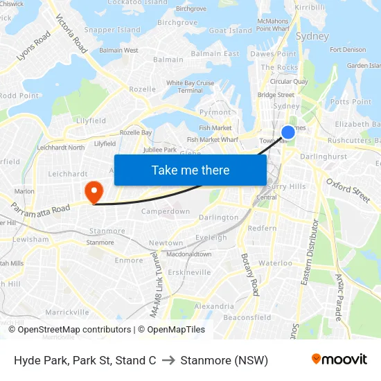 Hyde Park, Park St, Stand C to Stanmore (NSW) map