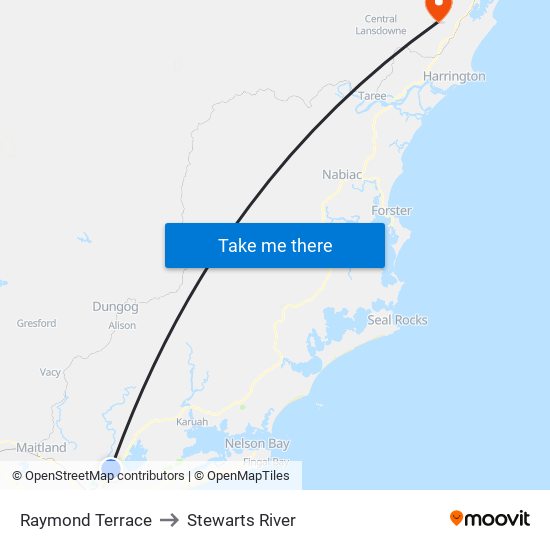 Raymond Terrace to Stewarts River map