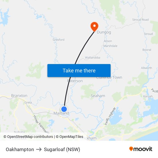 Oakhampton to Sugarloaf (NSW) map