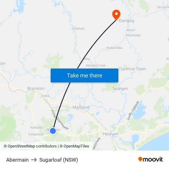 Abermain to Sugarloaf (NSW) map