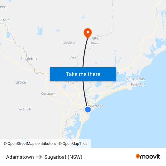 Adamstown to Sugarloaf (NSW) map