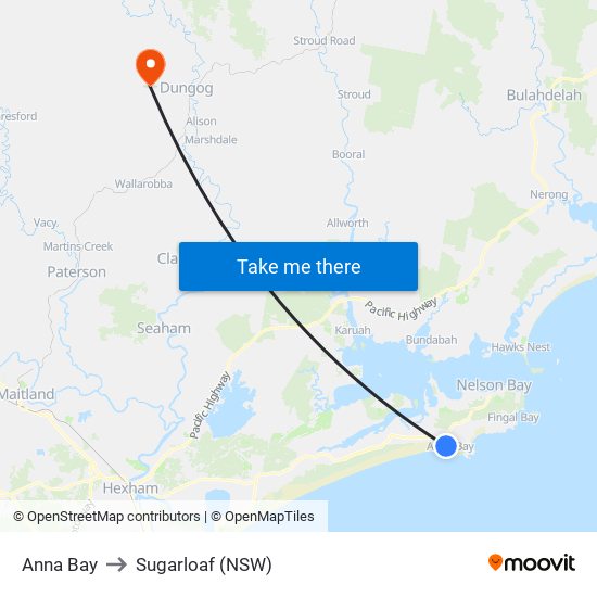 Anna Bay to Sugarloaf (NSW) map