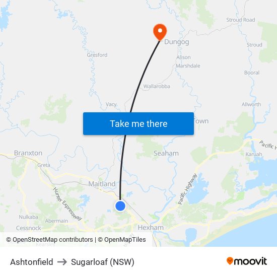 Ashtonfield to Sugarloaf (NSW) map