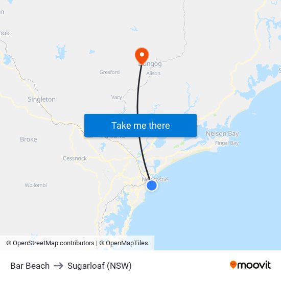 Bar Beach to Sugarloaf (NSW) map