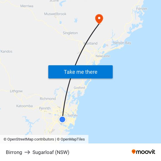 Birrong to Sugarloaf (NSW) map