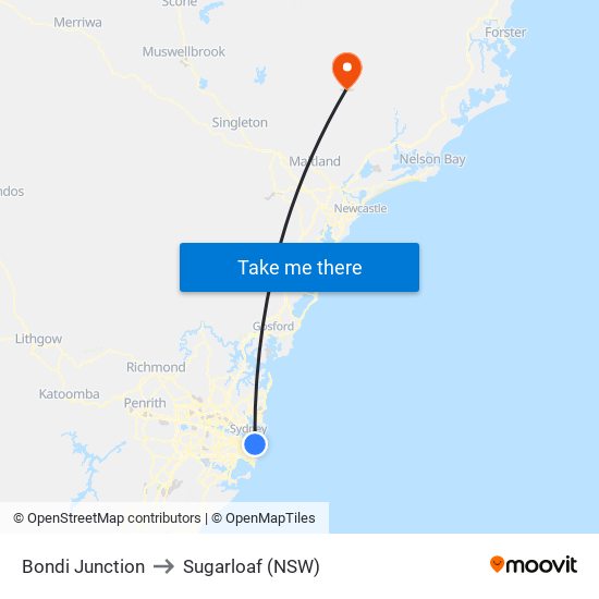 Bondi Junction to Sugarloaf (NSW) map