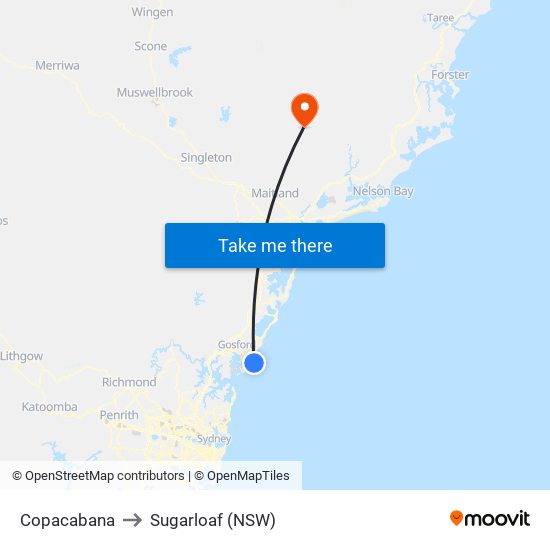 Copacabana to Sugarloaf (NSW) map