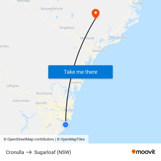 Cronulla to Sugarloaf (NSW) map