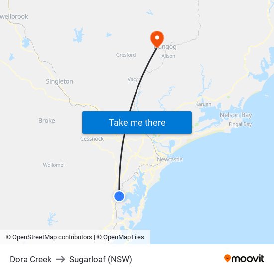 Dora Creek to Sugarloaf (NSW) map