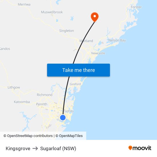 Kingsgrove to Sugarloaf (NSW) map