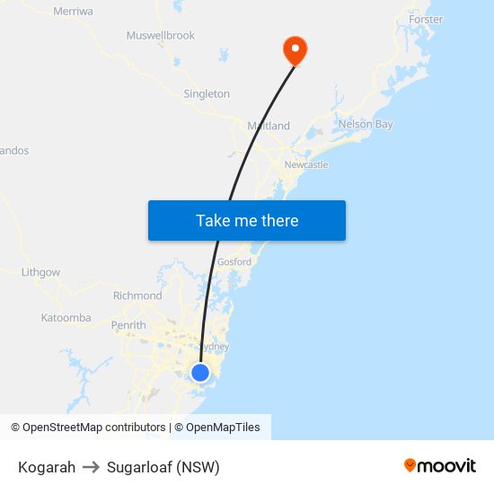 Kogarah to Sugarloaf (NSW) map