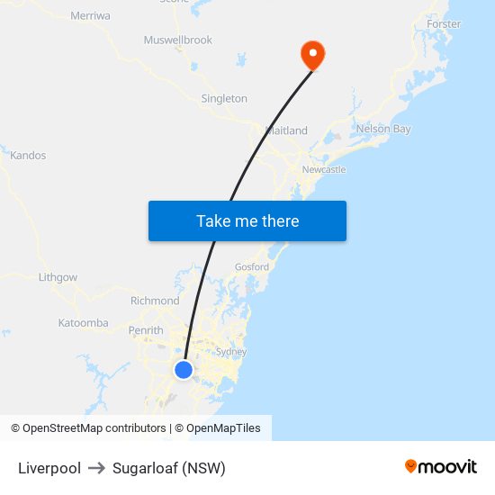 Liverpool to Sugarloaf (NSW) map