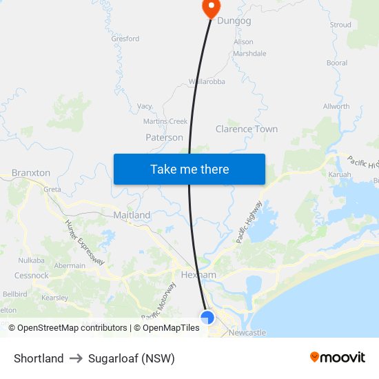 Shortland to Sugarloaf (NSW) map