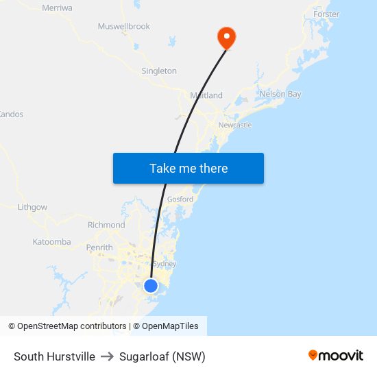 South Hurstville to Sugarloaf (NSW) map
