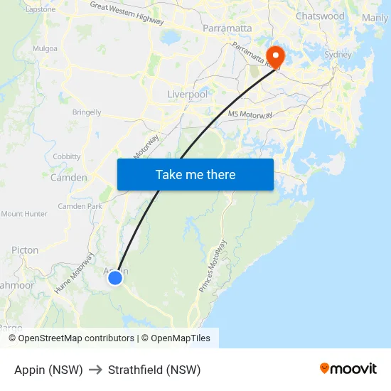 Appin (NSW) to Strathfield (NSW) map