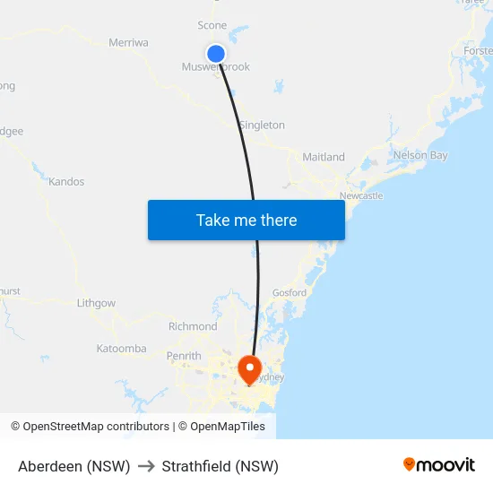 Aberdeen (NSW) to Strathfield (NSW) map