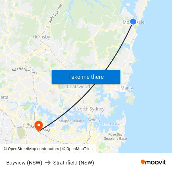 Bayview (NSW) to Strathfield (NSW) map