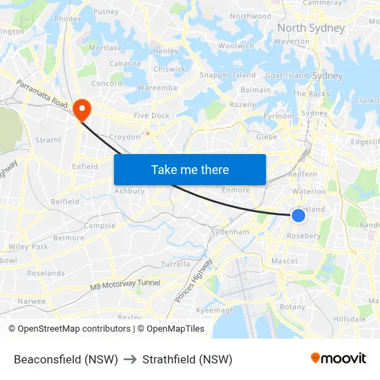 Beaconsfield (NSW) to Strathfield (NSW) map