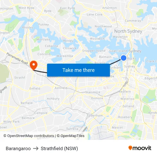 Barangaroo to Strathfield (NSW) map