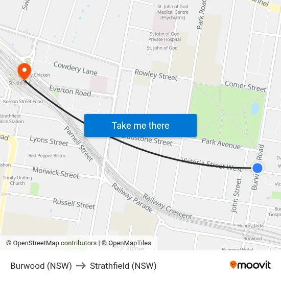 Burwood (NSW) to Strathfield (NSW) map