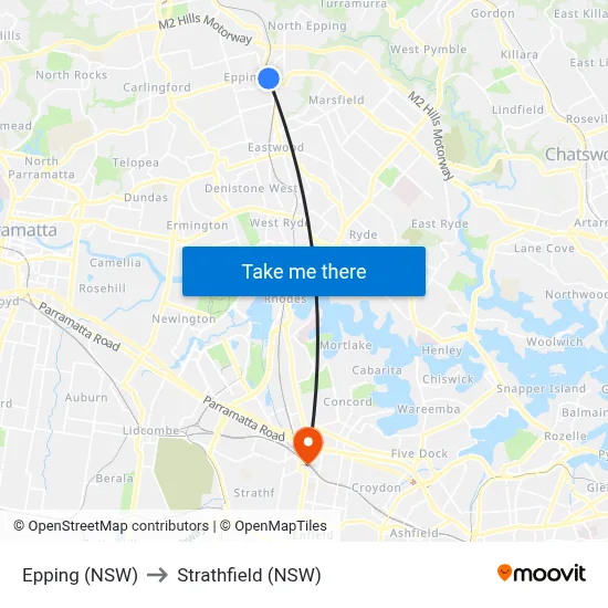 Epping (NSW) to Strathfield (NSW) map