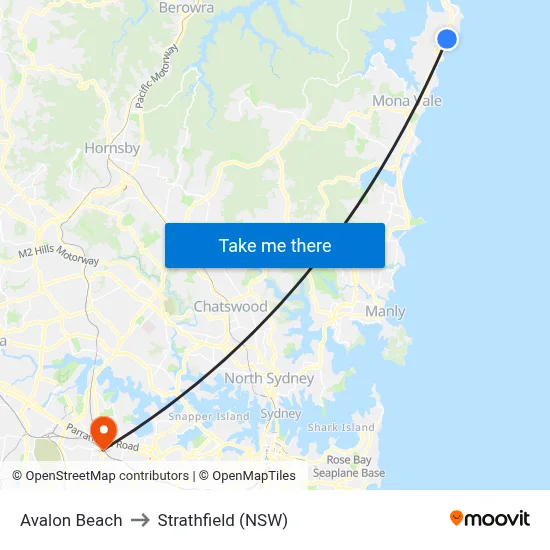 Avalon Beach to Strathfield (NSW) map