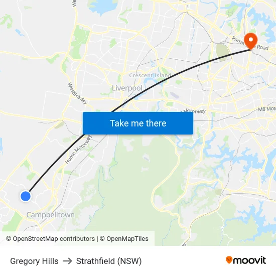 Gregory Hills to Strathfield (NSW) map