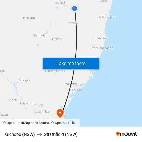 Glencoe (NSW) to Strathfield (NSW) map