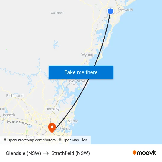 Glendale (NSW) to Strathfield (NSW) map