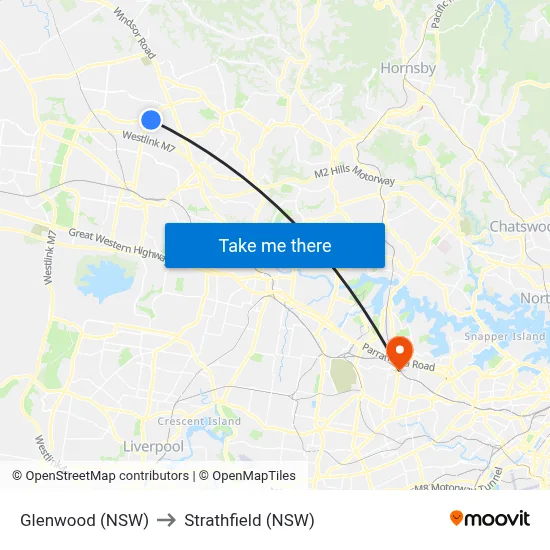 Glenwood (NSW) to Strathfield (NSW) map