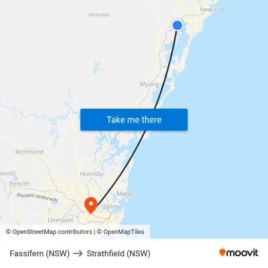 Fassifern (NSW) to Strathfield (NSW) map