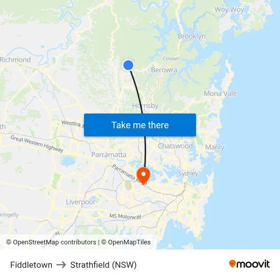 Fiddletown to Strathfield (NSW) map