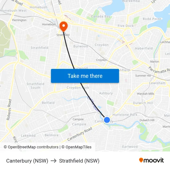 Canterbury (NSW) to Strathfield (NSW) map