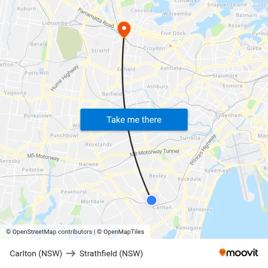 Carlton (NSW) to Strathfield (NSW) map
