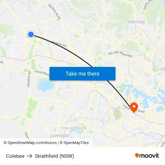Colebee to Strathfield (NSW) map
