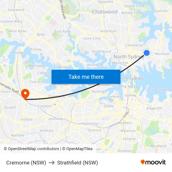 Cremorne (NSW) to Strathfield (NSW) map