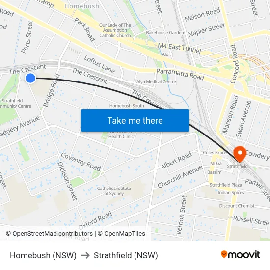 Homebush (NSW) to Strathfield (NSW) map