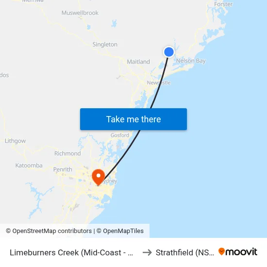 Limeburners Creek (Mid-Coast - NSW) to Strathfield (NSW) map